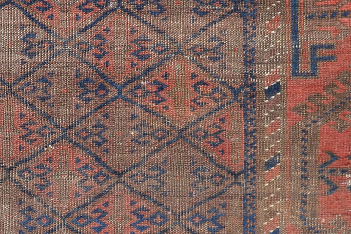 Vintage Baluch tribal area rug 6x10 with geometric pattern in purple, pink, orange, blue, hand-knotted in two pieces