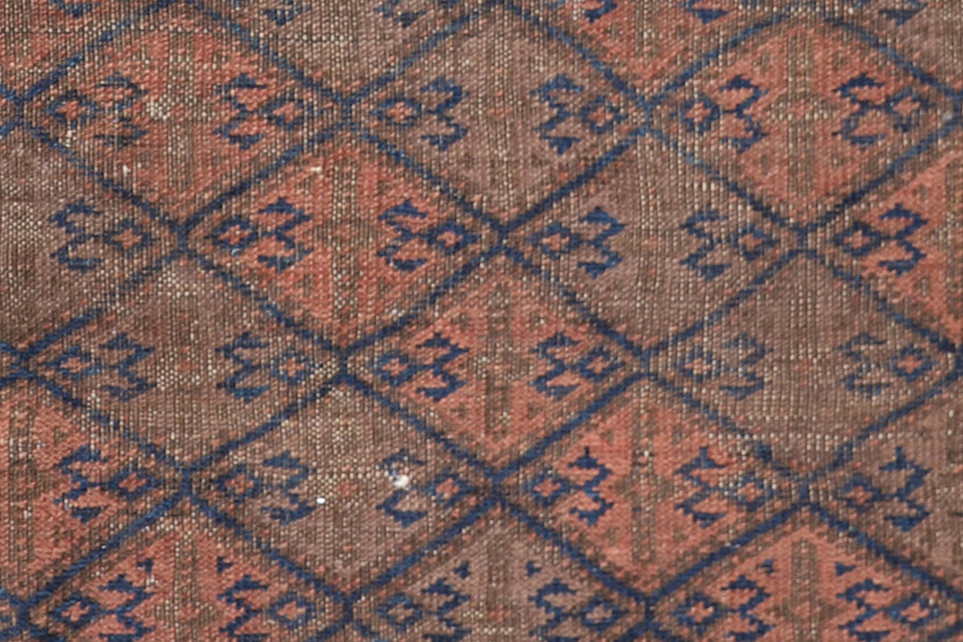 Vintage Baluch tribal area rug 6x10 with geometric pattern in purple, pink, orange, blue, hand-knotted in two pieces