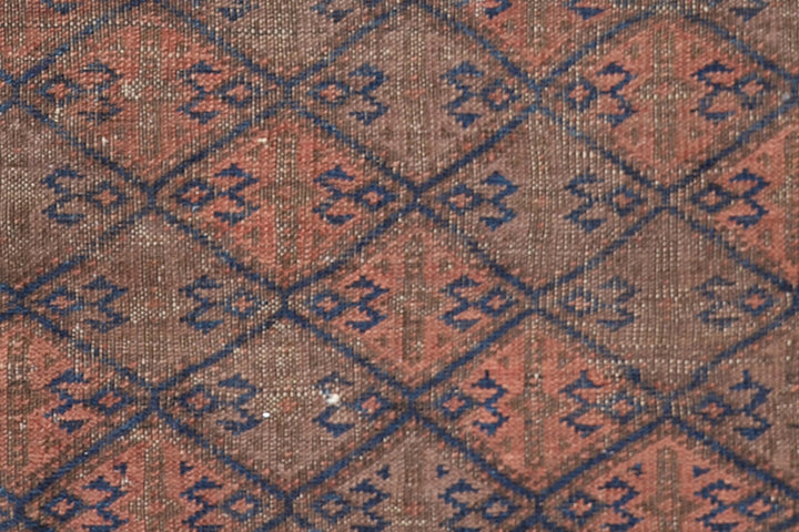 Vintage Baluch tribal area rug 6x10 with geometric pattern in purple, pink, orange, blue, hand-knotted in two pieces