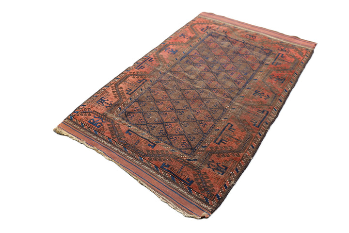 Antique Beluch Tribal Rug (3x5) – Distressed Earthtone Geometric Afghan Rug