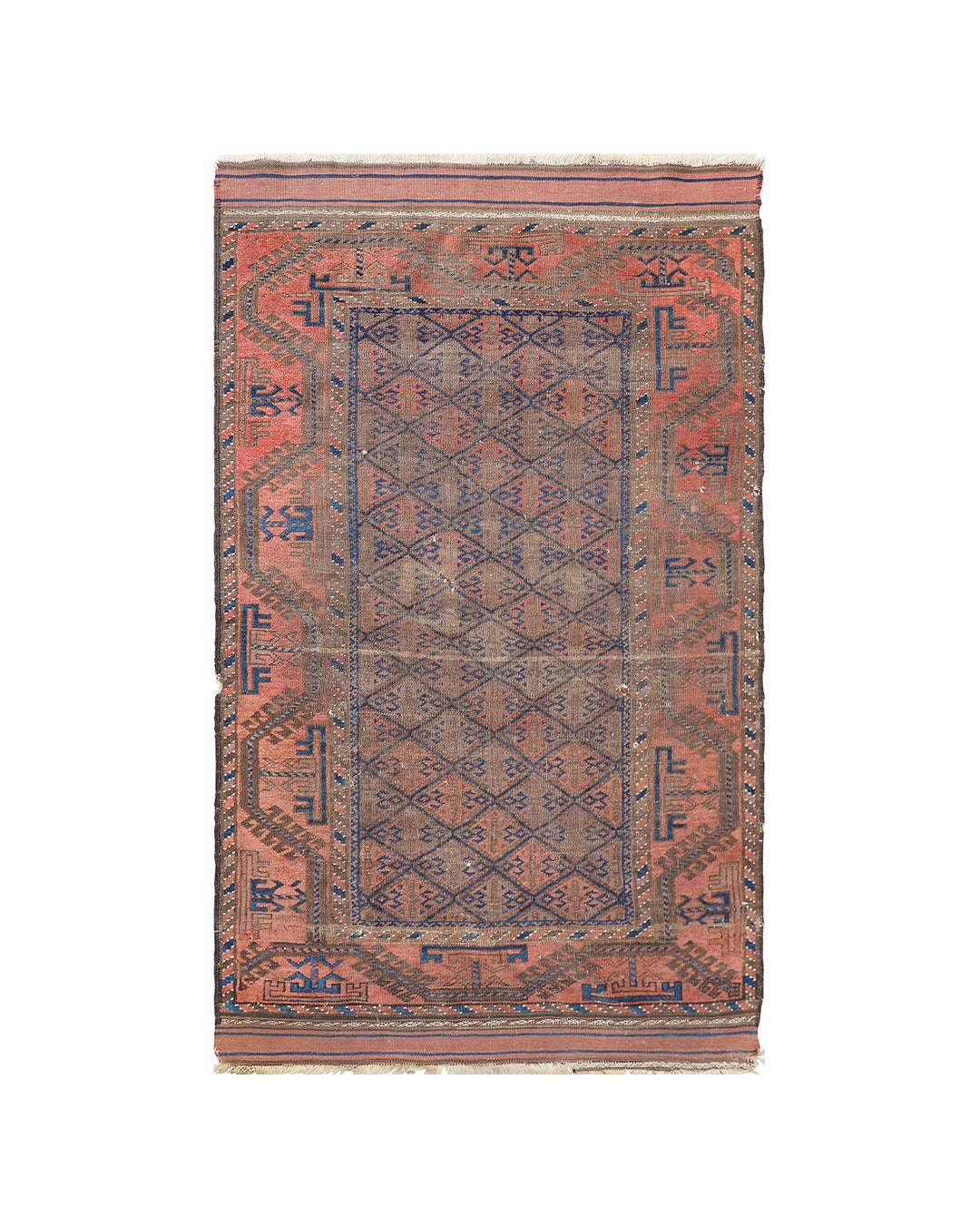Vintage Baluch tribal area rug 6x10 with geometric pattern in purple, pink, orange, blue, hand-knotted in two pieces