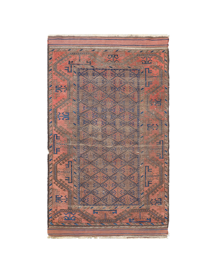 Vintage Baluch tribal area rug 6x10 with geometric pattern in purple, pink, orange, blue, hand-knotted in two pieces
