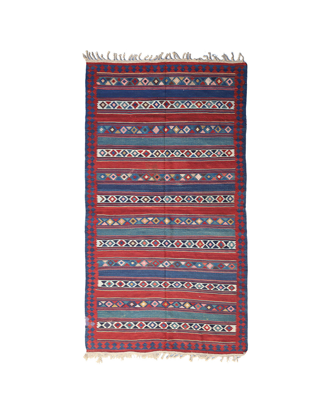 Vintage Caucasian flat-weave kilim rug with colorful vegetable-dyed geometric stripes and diamond motifs in terracotta red, green, and brown