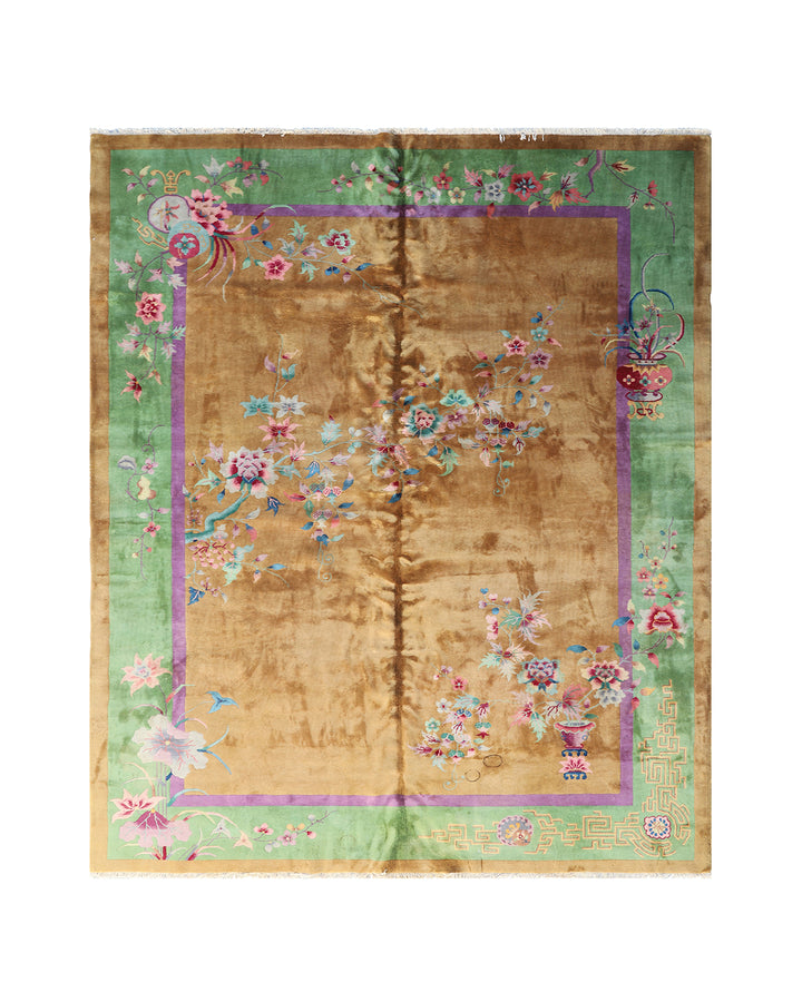 9'x11' Vintage Chinese Art Deco Floral Wool Rug