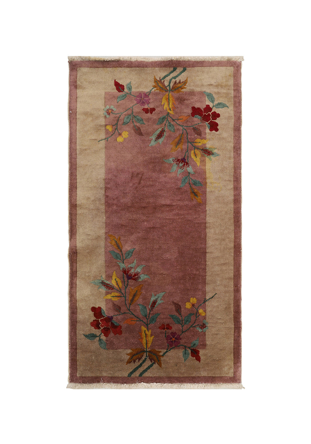 Hand-knotted vintage Chinese Art Deco wool rug in mauve and tan-beige featuring a floral pattern.