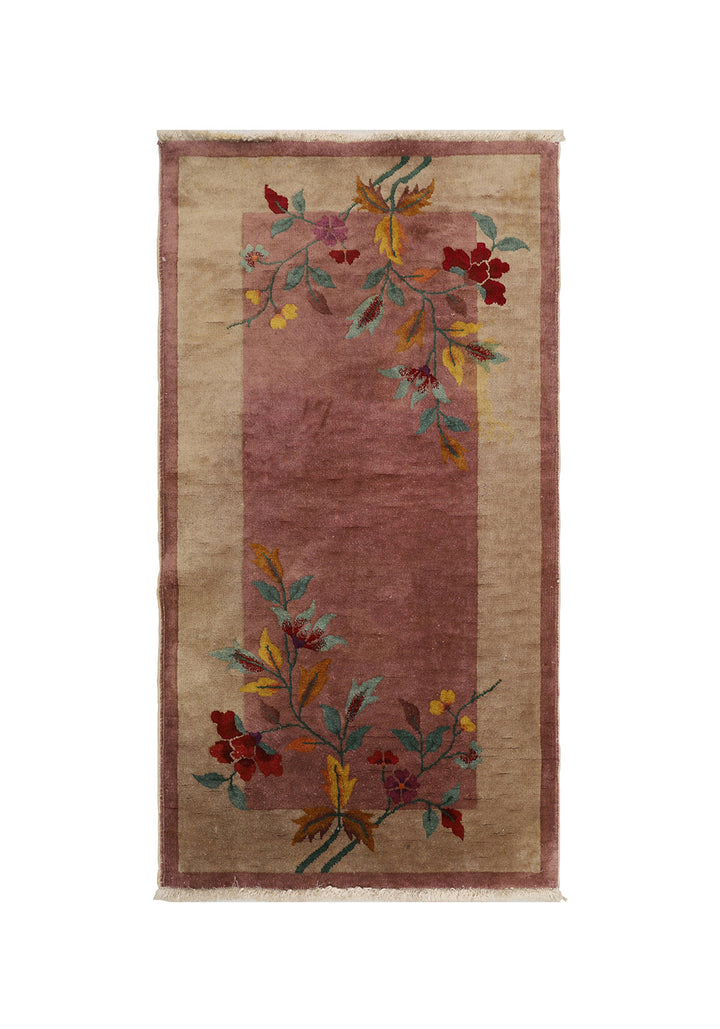 Hand-knotted vintage Chinese Art Deco wool rug in mauve and tan-beige featuring a floral pattern.