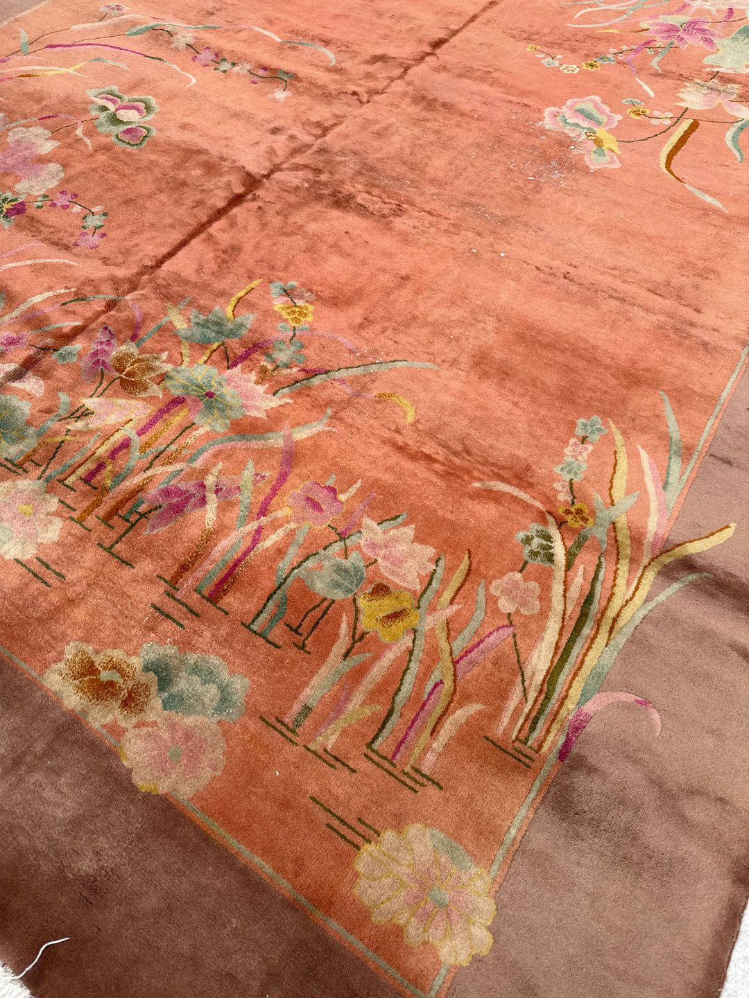 Large 9x11 Vintage Chinese Art Deco Floral Wool Rug