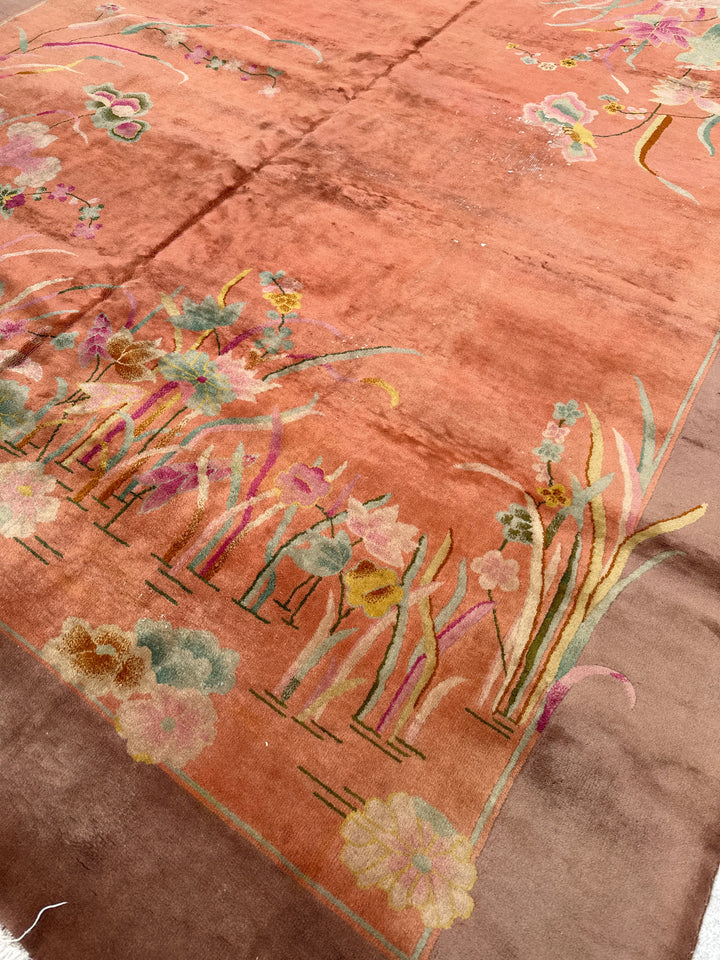 Large 9x11 Vintage Chinese Art Deco Floral Wool Rug