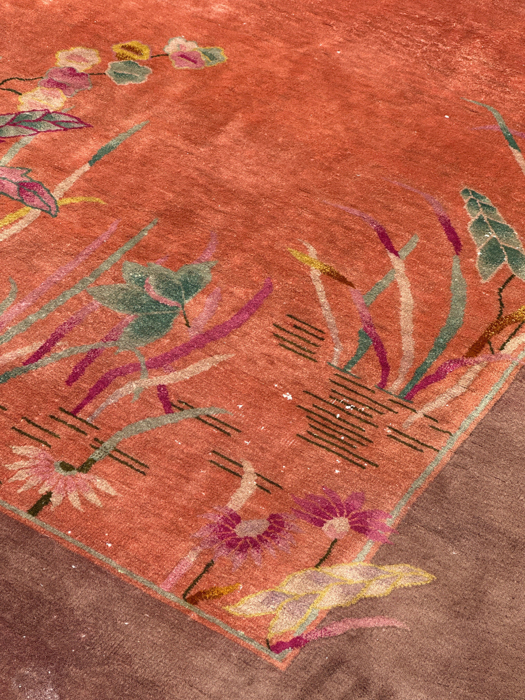 Large 9x11 Vintage Chinese Art Deco Floral Wool Rug