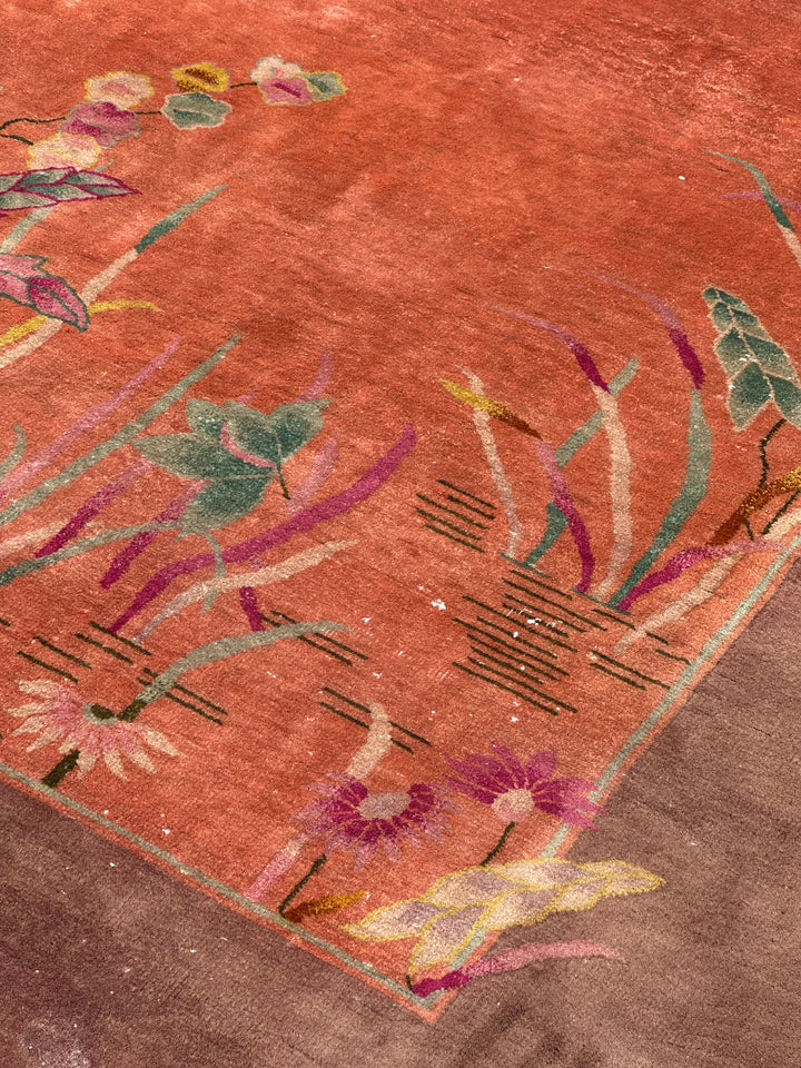 Large 9x11 Vintage Chinese Art Deco Floral Wool Rug