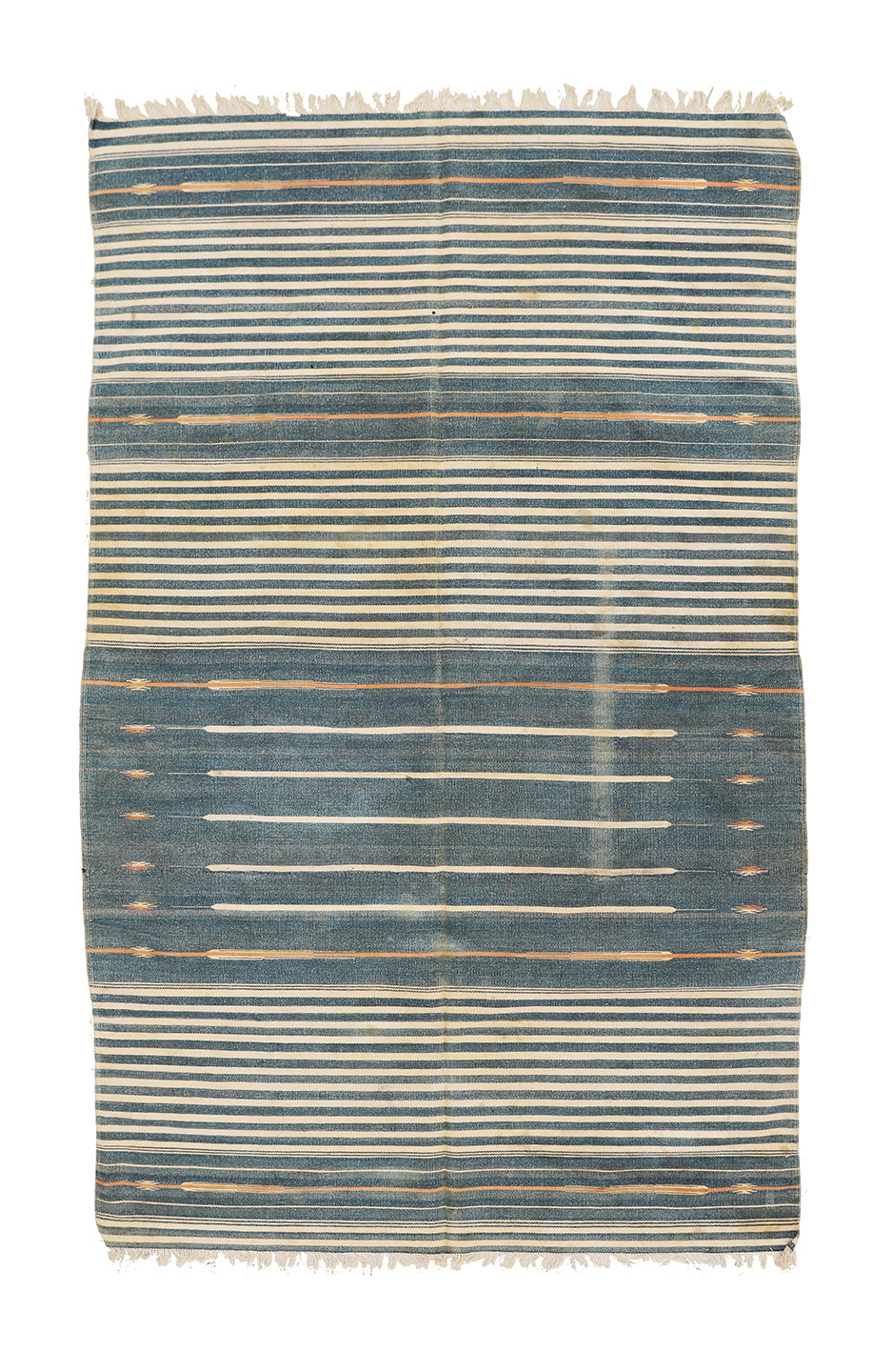 Striped blue and beige rug on a white background