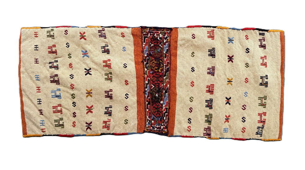 Pristine Persian tribal dowry saddle bag with intricate geometric wool weaving.