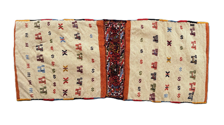 Pristine Persian tribal dowry saddle bag with intricate geometric wool weaving.
