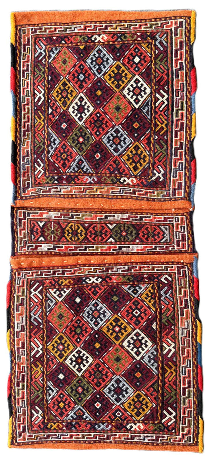 Pristine Persian tribal dowry saddle bag with intricate geometric wool weaving.