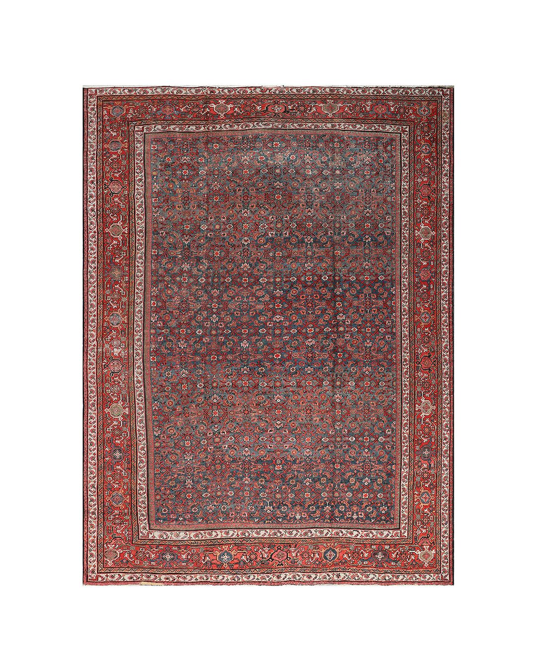 14'1" x 11'2" Vintage Persian Mahal Wool Area Rug in Grey-Blue and Soft Red Herati Pattern by Ariana Rugs West Hollywood