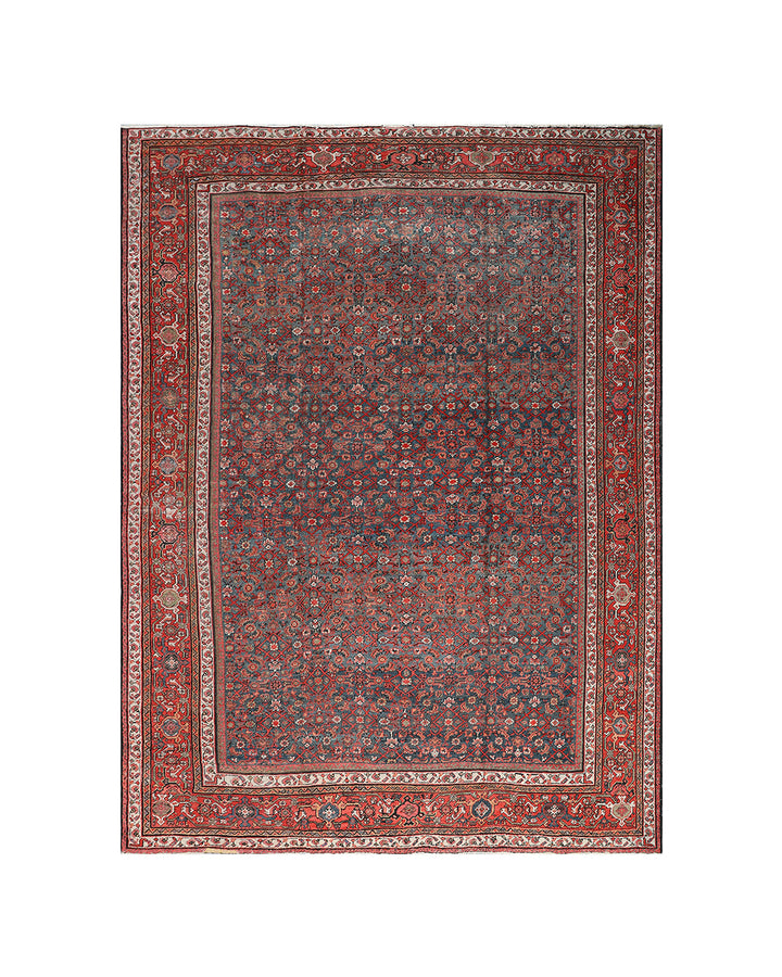 14'1" x 11'2" Vintage Persian Mahal Wool Area Rug in Grey-Blue and Soft Red Herati Pattern by Ariana Rugs West Hollywood