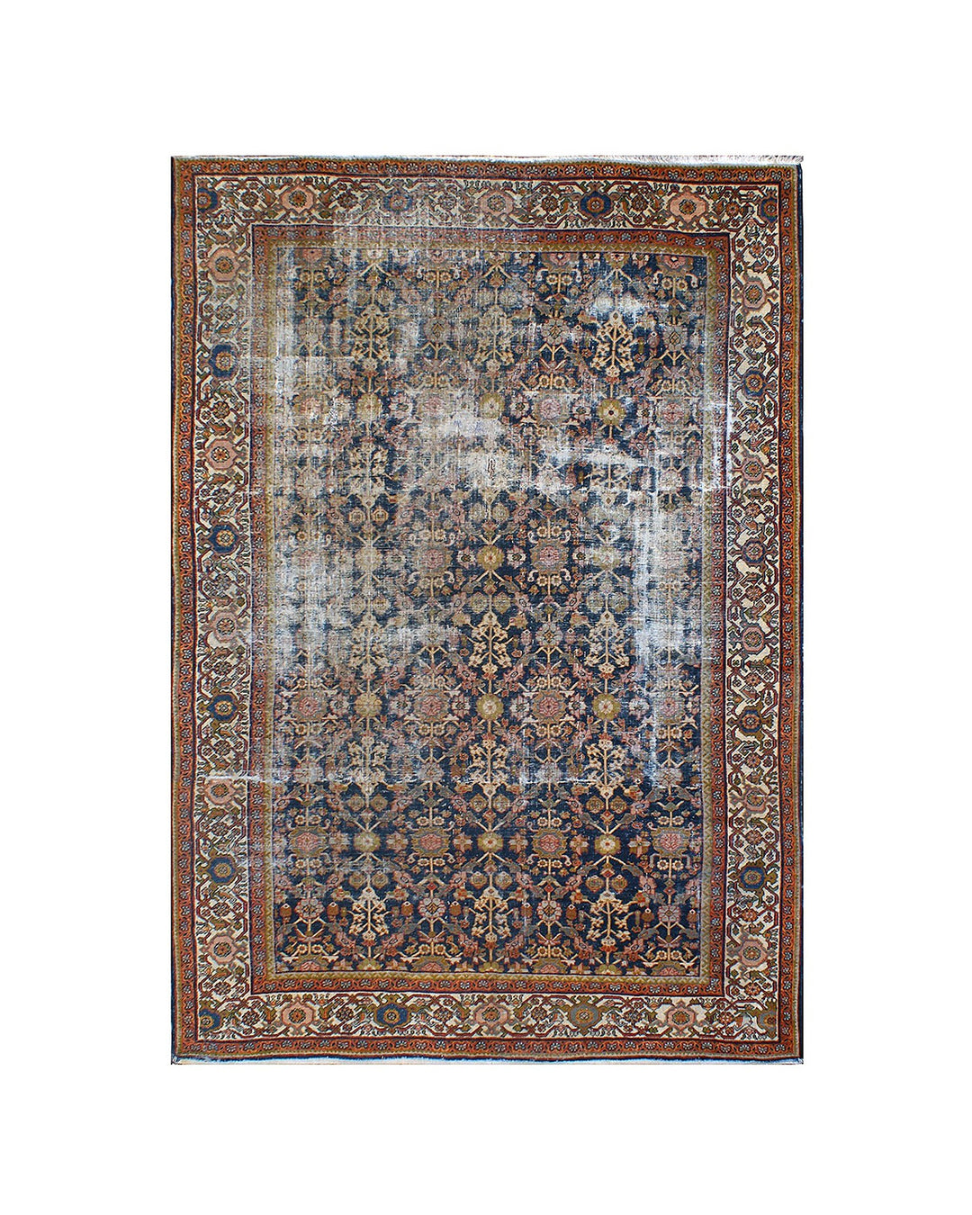 1920s vintage Persian Mahal rug 9x12 featuring a navy blue geometric pattern with terracotta, white, and gold accents.