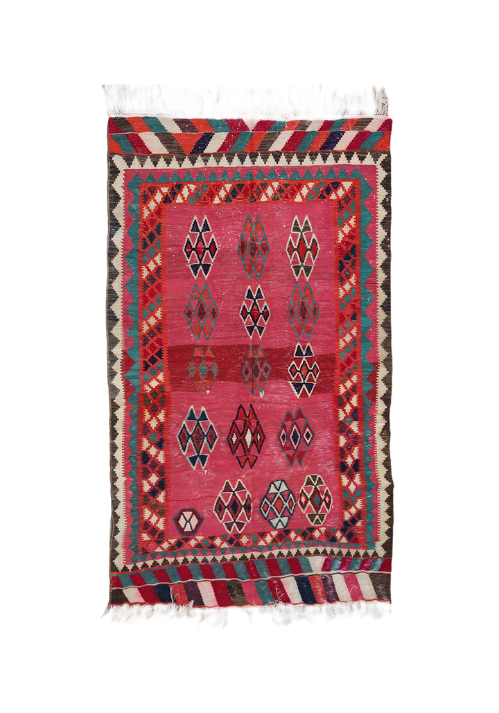 Vintage Persian Qashqai Kilim, Vibrant Pink Field with Geometric Diamond Motifs, Handwoven Tribal Flatweave, Ariana Rugs West Hollywood & Beverly Hills.