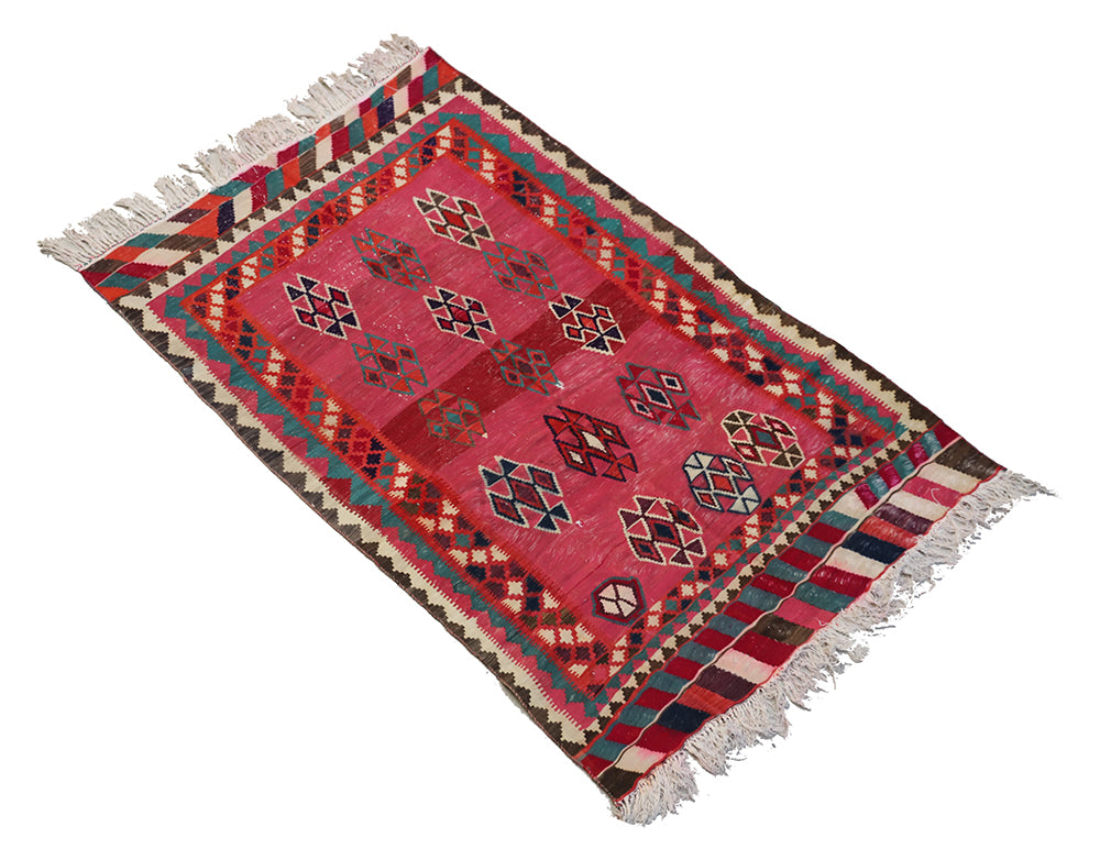 Vintage Persian Qashqai Kilim, Vibrant Pink Field with Geometric Diamond Motifs, Handwoven Tribal Flatweave, Ariana Rugs West Hollywood & Beverly Hills.