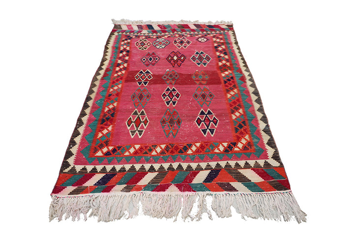 Vintage Persian Qashqai Kilim, Vibrant Pink Field with Geometric Diamond Motifs, Handwoven Tribal Flatweave, Ariana Rugs West Hollywood & Beverly Hills.