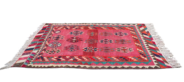 Vintage Persian Qashqai Kilim, Vibrant Pink Field with Geometric Diamond Motifs, Handwoven Tribal Flatweave, Ariana Rugs West Hollywood & Beverly Hills.