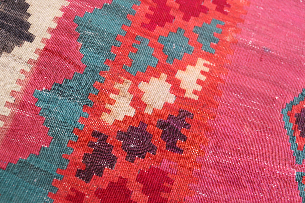 Vintage Persian Qashqai Kilim, Vibrant Pink Field with Geometric Diamond Motifs, Handwoven Tribal Flatweave, Ariana Rugs West Hollywood & Beverly Hills.