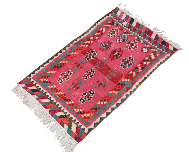 Vintage Persian Qashqai Kilim, Vibrant Pink Field with Geometric Diamond Motifs, Handwoven Tribal Flatweave, Ariana Rugs West Hollywood & Beverly Hills.