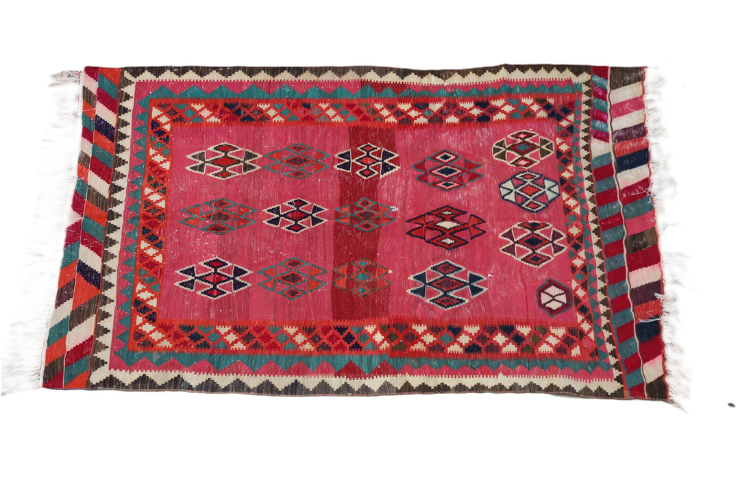 Vintage Persian Qashqai Kilim, Vibrant Pink Field with Geometric Diamond Motifs, Handwoven Tribal Flatweave, Ariana Rugs West Hollywood & Beverly Hills.