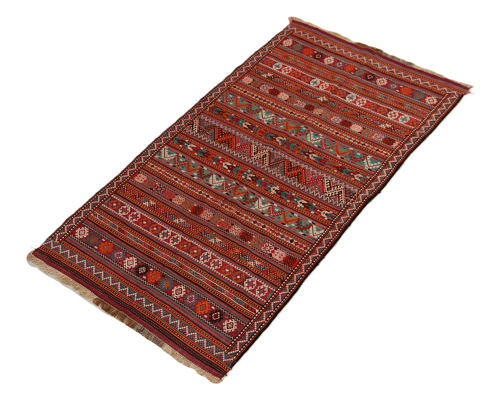 Fine vintage 5'2" x 9'9" Persian Soumak tribal kilim with ivory, red, and teal vegetable dyes, curated by Ariana Rugs in West Hollywood.