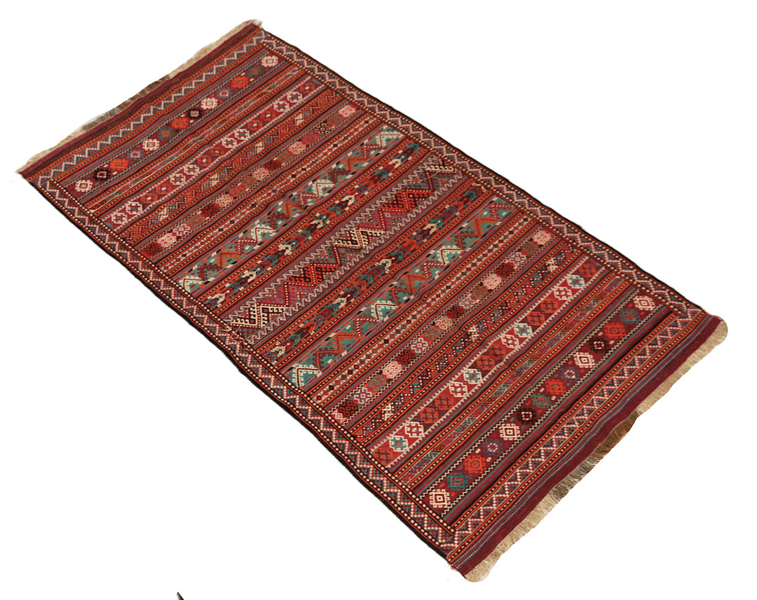 Fine vintage 5'2" x 9'9" Persian Soumak tribal kilim with ivory, red, and teal vegetable dyes, curated by Ariana Rugs in West Hollywood.