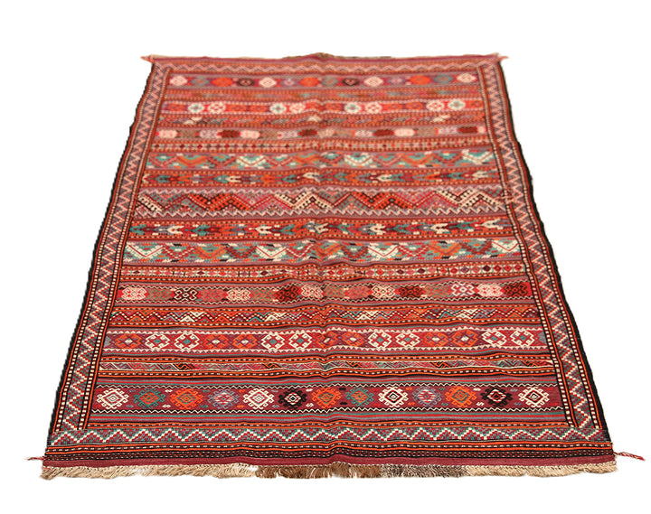 Fine vintage 5'2" x 9'9" Persian Soumak tribal kilim with ivory, red, and teal vegetable dyes, curated by Ariana Rugs in West Hollywood.