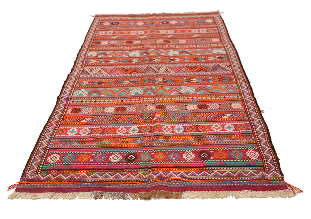Fine vintage 5'2" x 9'9" Persian Soumak tribal kilim with ivory, red, and teal vegetable dyes, curated by Ariana Rugs in West Hollywood.