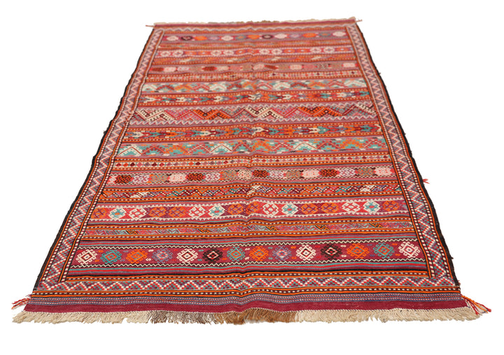 Fine vintage 5'2" x 9'9" Persian Soumak tribal kilim with ivory, red, and teal vegetable dyes, curated by Ariana Rugs in West Hollywood.
