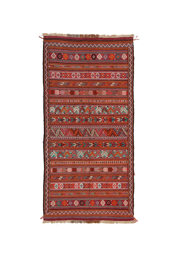 Fine vintage 5'2" x 9'9" Persian Soumak tribal kilim with ivory, red, and teal vegetable dyes, curated by Ariana Rugs in West Hollywood.