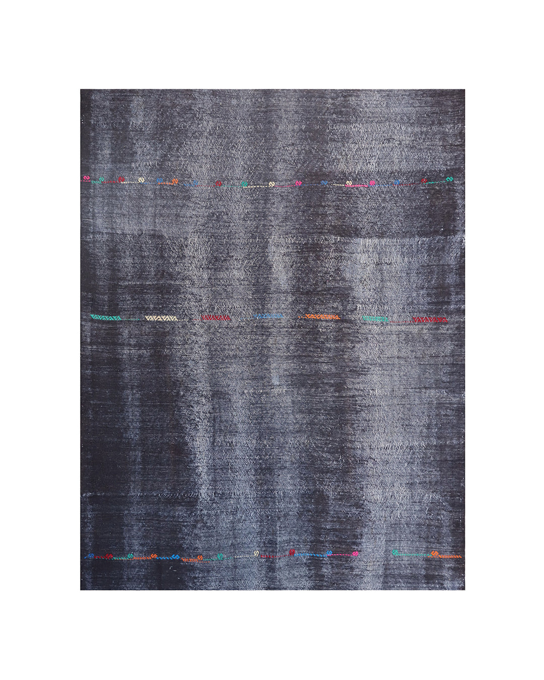Handwoven vintage Turkish black goat hair kilim rug with colorful tribal modern patterns on navy field