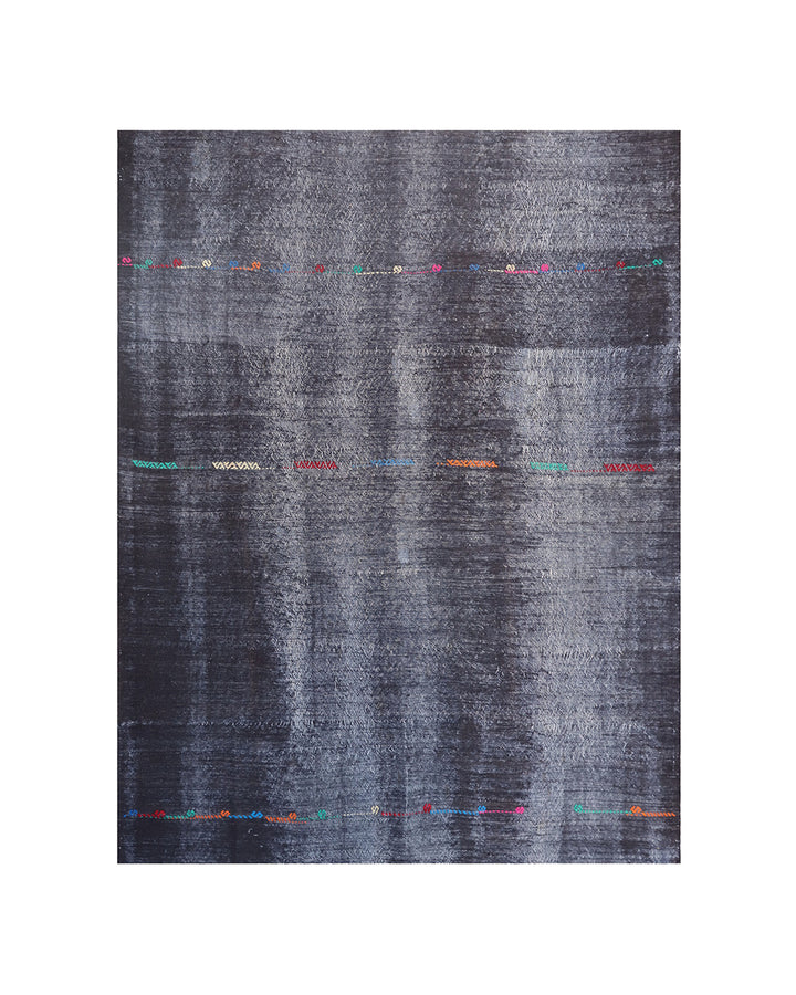 Handwoven vintage Turkish black goat hair kilim rug with colorful tribal modern patterns on navy field