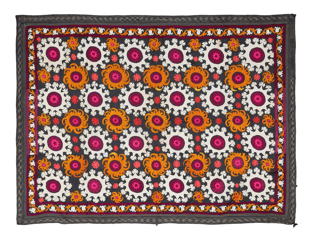 Authentic 6x9 Vintage Uzbek Hand-Embroidered Medallion Tapestry