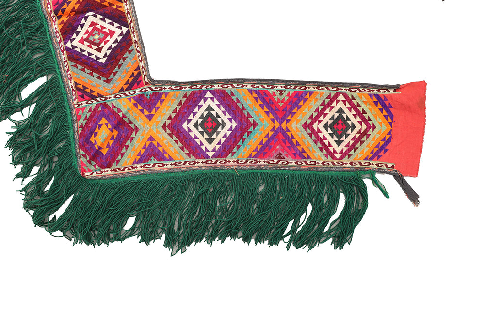 Authentic vintage Uzbek Saye Gosha textile featuring a traditional V-shape design with intricate hand-embroidered tribal floral medallions and decorative trim.