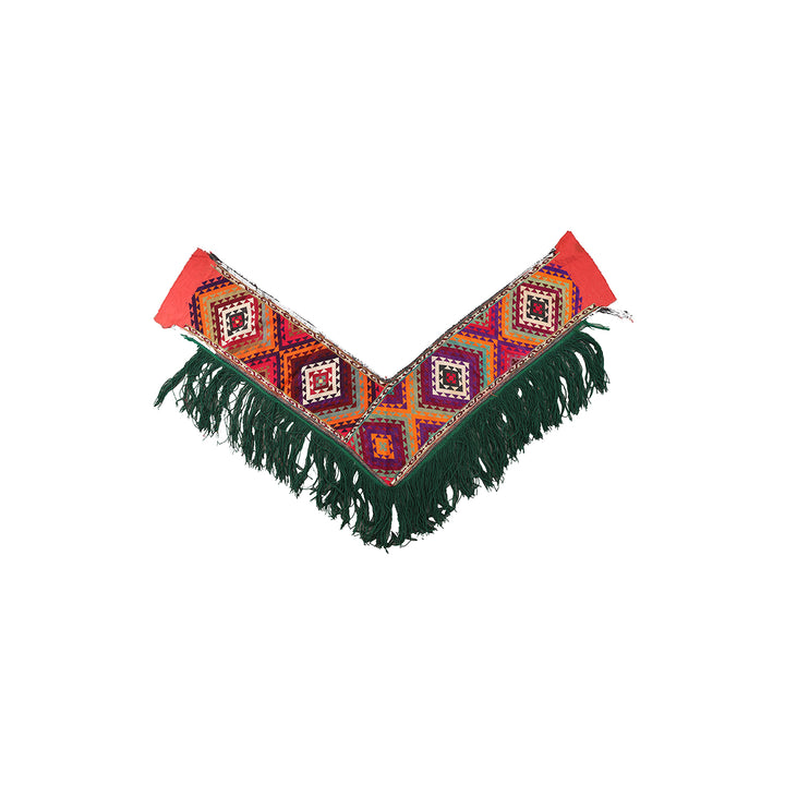Authentic vintage Uzbek Saye Gosha textile featuring a traditional V-shape design with intricate hand-embroidered tribal floral medallions and decorative trim.