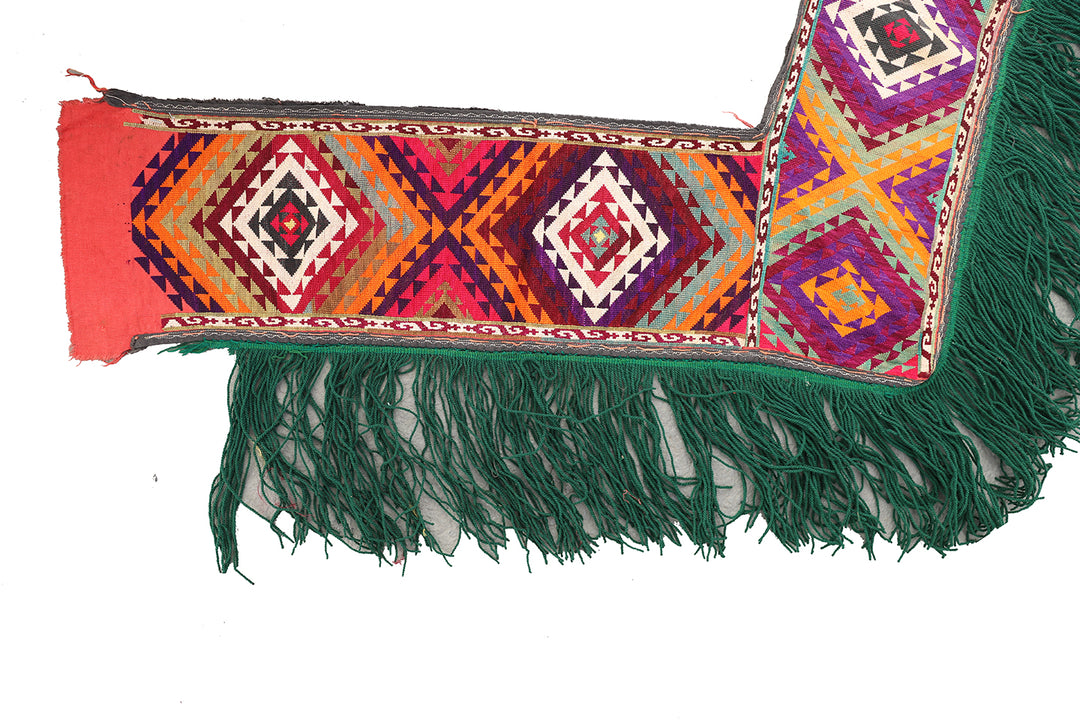 Authentic vintage Uzbek Saye Gosha textile featuring a traditional V-shape design with intricate hand-embroidered tribal floral medallions and decorative trim.