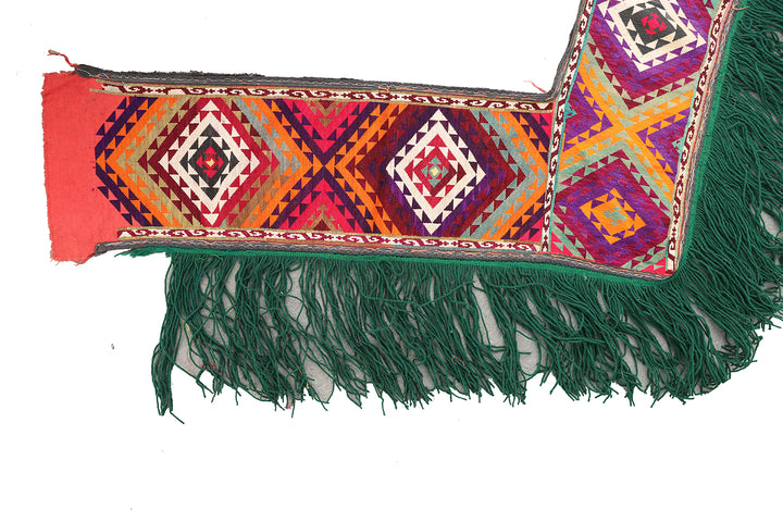 Authentic vintage Uzbek Saye Gosha textile featuring a traditional V-shape design with intricate hand-embroidered tribal floral medallions and decorative trim.