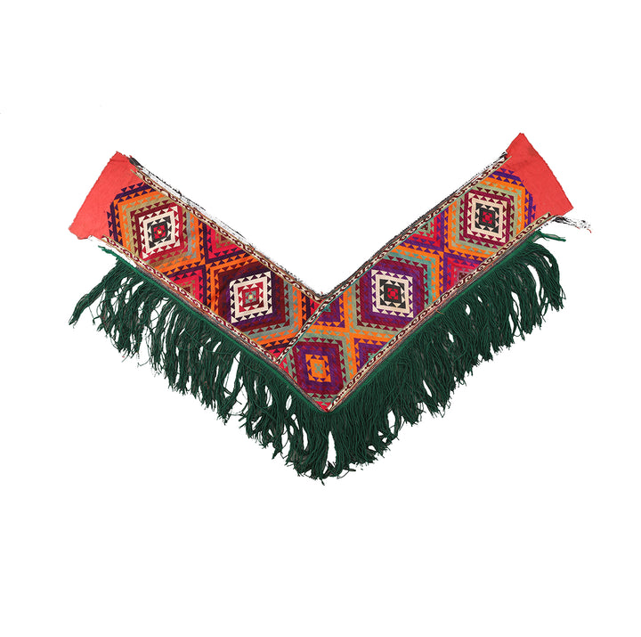 Authentic vintage Uzbek Saye Gosha textile featuring a traditional V-shape design with intricate hand-embroidered tribal floral medallions and decorative trim.
