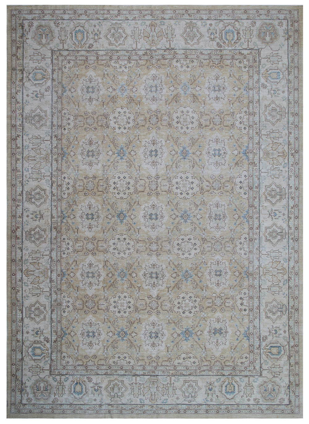 9x12 Afghan Agra Design Hand-Knotted Rug | Gold & Blue Organic Wool