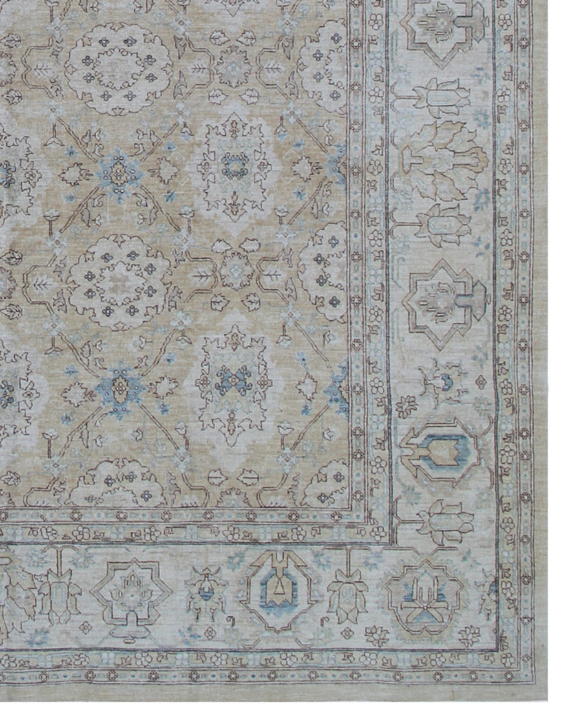 9x12 Afghan Agra Design Hand-Knotted Rug | Gold & Blue Organic Wool