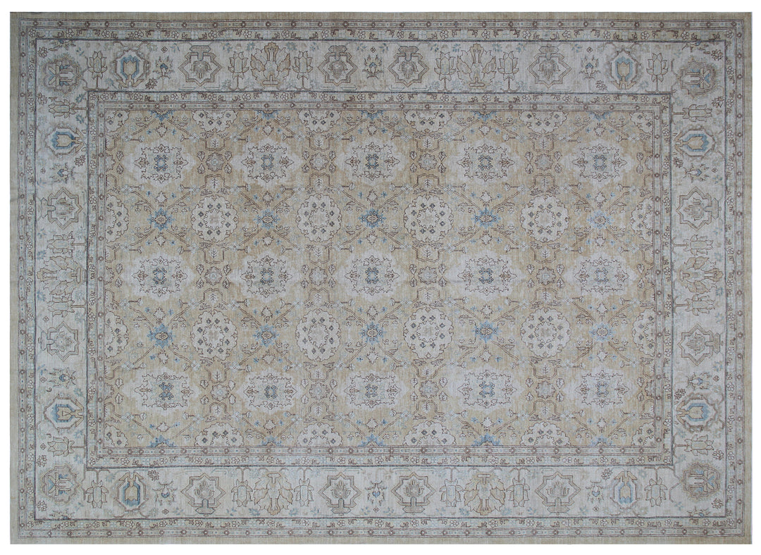 9x12 Afghan Agra Design Hand-Knotted Rug | Gold & Blue Organic Wool