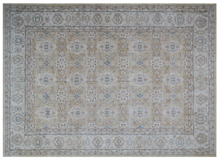 9x12 Afghan Agra Design Hand-Knotted Rug | Gold & Blue Organic Wool