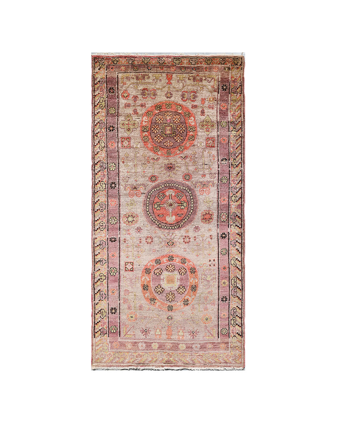 Rare 5x10 vintage Samarkand Khotan wool area rug featuring three central medallions on a soft purple and mauve field by Ariana Rugs.