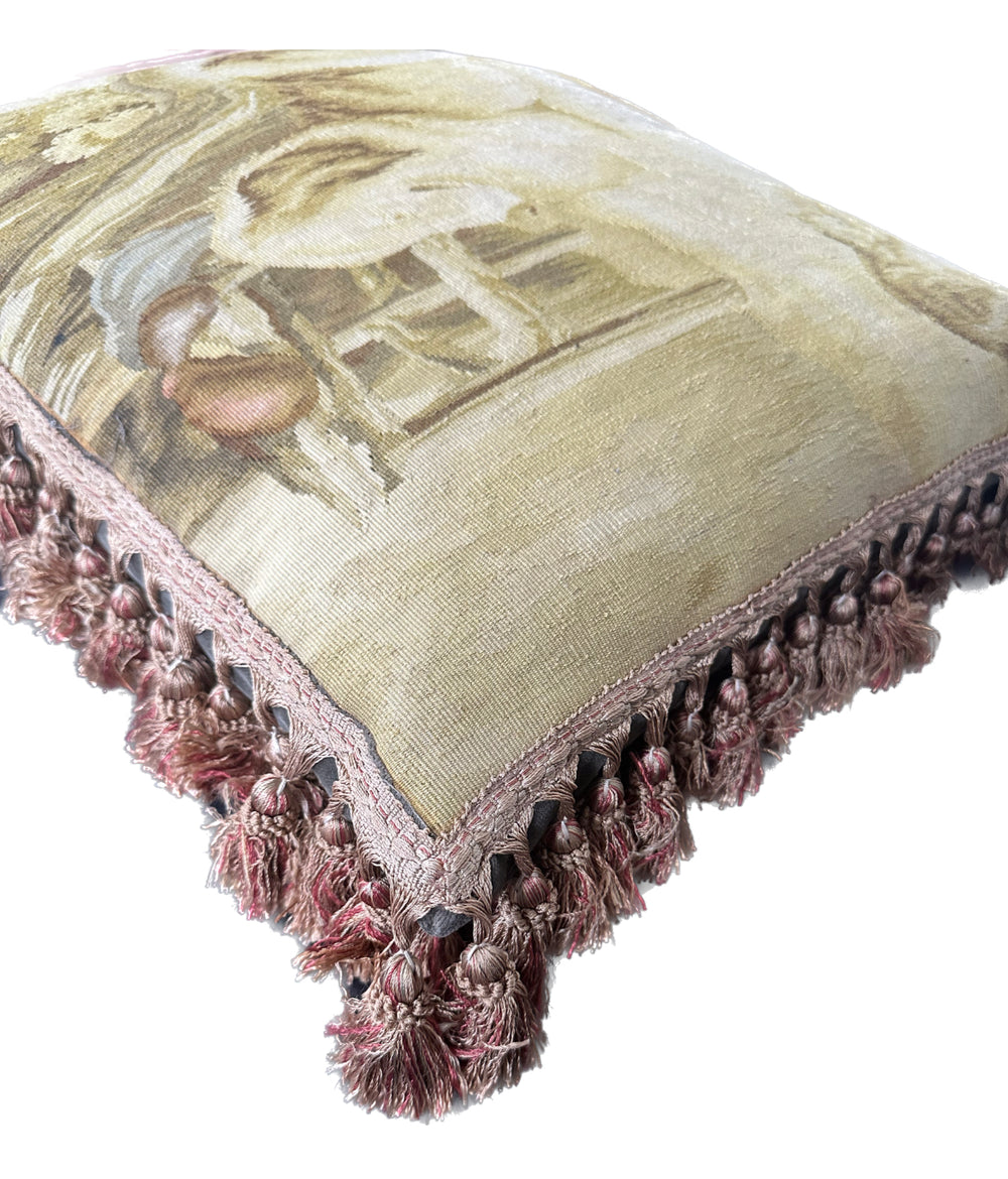 Handmade 19x24 yellow and brown dog pictorial wool Aubusson pillowcase with tassels by Ariana Rugs West Hollywood