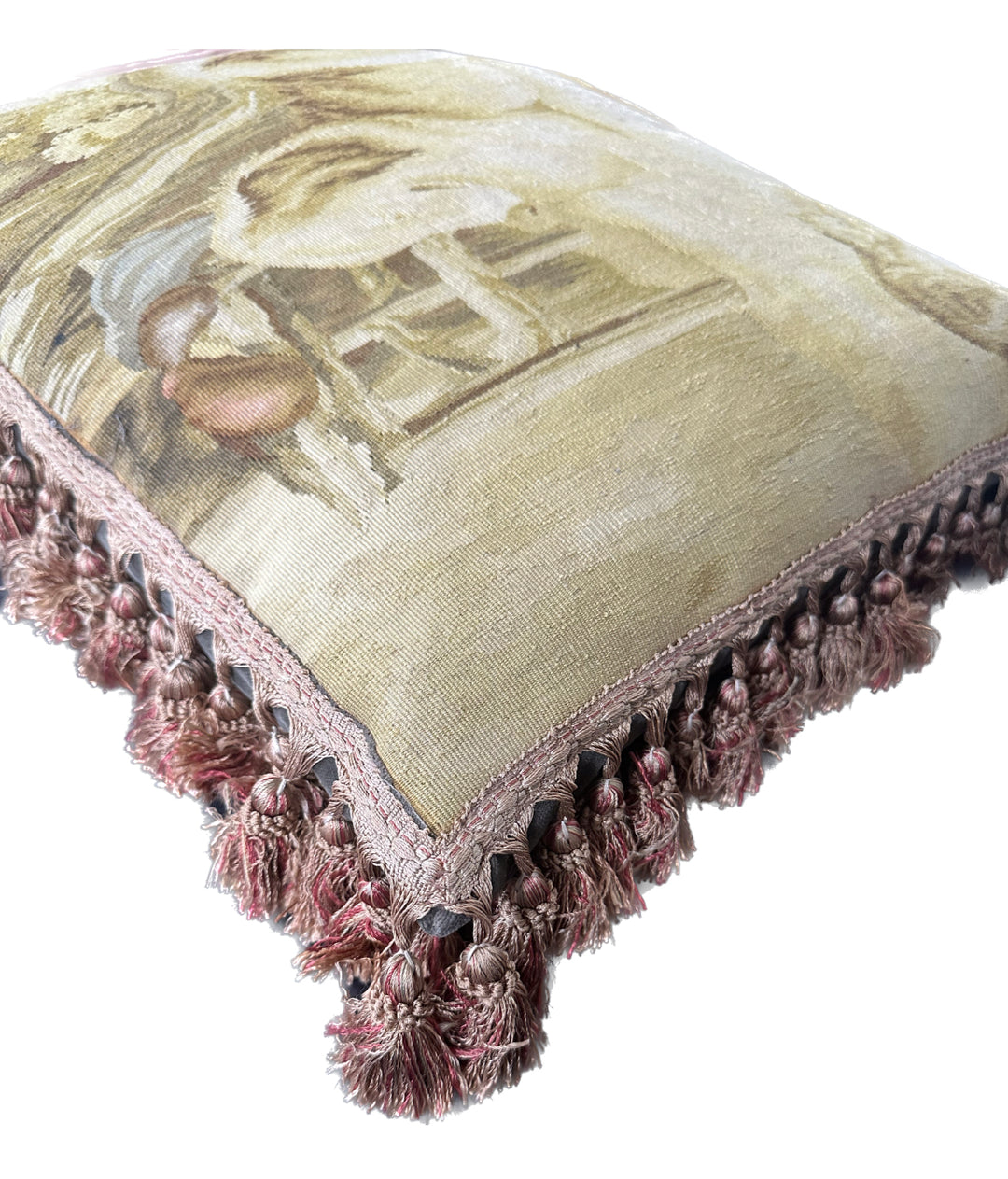 Handmade 19x24 yellow and brown dog pictorial wool Aubusson pillowcase with tassels by Ariana Rugs West Hollywood