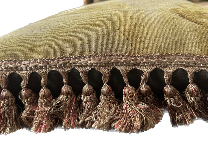 Handmade 19x24 yellow and brown dog pictorial wool Aubusson pillowcase with tassels by Ariana Rugs West Hollywood